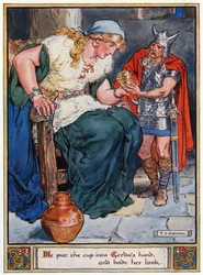 „Vložil pohár do ruky Gerdy a vyzval ji, aby se podívala“, ilustrace z „Hrdinové z Asgardu, příběhy ze skandinávské mytologie“, od A und E Keary, 1930