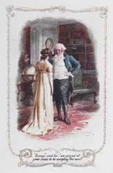 "Lizzy," řekl, "jsi při smyslech, že přijímáš tohoto muže?", Elizabeth Bennetová a její otec, ilustrace k "Pýcha a předsudek" od Jane Austenové