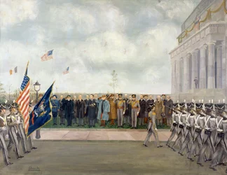 Maršál Joffre na misi do Washingtonu při kontrole studentů West Point, jaro 1917, Charles Edmund Brock (1870-1938), první světová válka, Spojené státy americké, 20. století