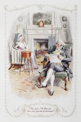 "Můj milý pane Bennete, jak můžete být tak unavený!", ilustrace z filmu Pýcha a předsudek od Jane Austenové (barevné lito)