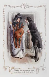 Dokonce se zaručila, že navrhne nějaké police ve skříních nahoře, William Collins, ilustrace k filmu Pýcha a předsudek od Jane Austenové.