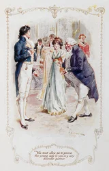 Sir William Lucas: „Pane Darcy, musíte mi dovolit, abych vám tuto mladou dámu představil jako velmi žádoucí taneční partnerku (Elizabeth Bennetová),“ ilustrace k románu „Pýcha a předsudek“ od Jane Austenové