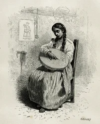 Vyšívač, v Salentu, oblast Quindio (Kolumbie), rytina Ch. Delort, pro ilustraci příběhu America Equinoxiale od E. Andreho, pověření francouzskou vládou, zveřejněno v tour du monde, pod vedením Edouarda Charto