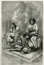 Zkažení dítěte jeho matkou a výroba třtinové eau de vie (rum), poblíž Cali (Cauca Valley, Kolumbie), rytina Ch.Delort, pro ilustraci příběhu Equinoxiale America od E.Andreho, úkol mise od francouzská vláda, zveřejněno