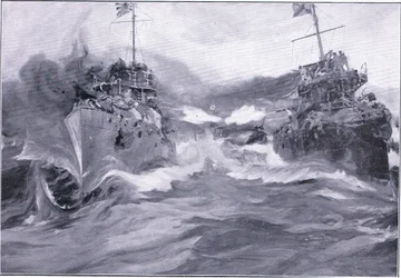 Boj mezi torpédoborci, ilustrace z Cassells Historie rusko-japonské války Vol 1, kolem roku 1900