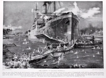 Vylodění na poloostrově Gallipoli, ilustrace z „Hutchinsonova příběhu britského národa“, kolem roku 1920