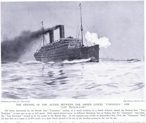 Zahajovací akce mezi ozbrojenými parníky Carmania a Cap Trafalgar, jižní Atlantik, září 1915