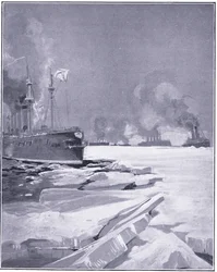 Vladivostocká eskadra se prodírá ledem z přístavu Vladivostok, ilustrace z knihy Cassells History of the Russo-Japanese War Vol. 1, cca 1900.