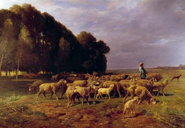 Stádo ovcí v krajině aneb „Pastýř pohánějící stádo ovcí v rovině““ Malba Charlese Jacquea (1813-1894) Slunce 19. století. 1,76x2,8m