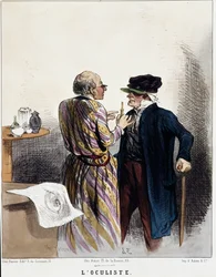 Série „nemocní a lékaři““: oční lékař. Karikatura lékaře během lékařské konzultace pacienta pro jeho oči. Rytina Charles Jacques