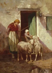 Pastýřka s dítětem a dvěma ovcemi