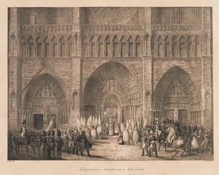 Vlajky přijaté ve Slavkově přijaté v Notre Dame, začátek 19. století (litho)