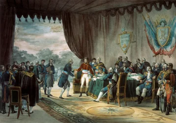 Podpis smlouvy z Mortefontaine dne 30. 9. 1800, během níž Francie (zastoupená Napoleonem Bonapartem (1769-1821)) prodává Louisianu Spojeným státům. Litografie C. Motte (19. století) Paris, B.N.