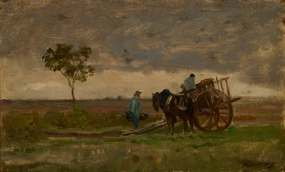 Rozlehlá krajina s Farmers Chariot (olej na dubu)