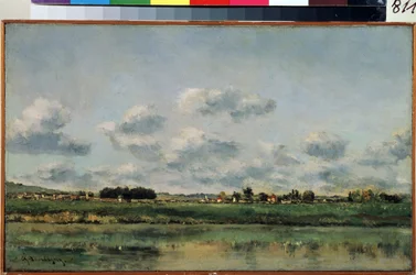 ""břehy Loingu v Seine-et-Marne (Seine et Marne)"" (Břehy Loingu) Malba Charlese Francoise Daubignyho (1817-1878) 1858-1859 Rozměr 25x41 cm Muzeum Ermitáže, Petrohrad (Sv. PETERSBURG)