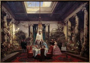 Snídaně u princezny Mathilde Letizia Bonaparte (1820-1904), rue de Courcelles v Paříži Obraz Sebastiena Charlese Girauda (1819-1892) 1854 Ne. 0,56x61m. Compiegne, hradní muzeum
