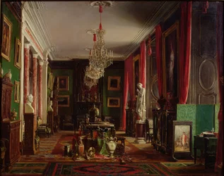 Interiér kanceláře Alfreda Émiliena (1811-92), hraběte z Nieuwerkerke, generálního ředitele císařských muzeí, v Louvru, 1859