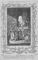Dunstan odvádí krále Edwyho od jeho manželky, královny Ethelgivy, v den jeho korunovace, 1773.