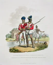 Domorodí vojáci ve službách Východoindické společnosti: seržant a soukromý granátník Sepoy z bengálské armády, vyrytý Joseph Constantine Stadler, 1815 (akvatinta)