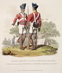 Domorodí vojáci ve službách Východoindické společnosti: seržant lehké pěchoty a vojín z Madras Sepoys, vyryl Joseph Constantine Stadler, 1815 (akvatinta)