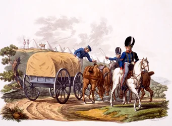 Uniforma řidičů královského dělostřelectva (s vozem a táborem), z knihy "Costume of the British Empire, according to the Last Regulations", vydané v letech 1812-15 (ručně kolorovaná akvatinta)