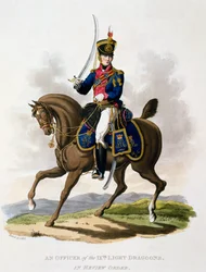 Uniforma důstojníka 9. lehkého dragounského pluku v přehlídkovém řádu, z knihy "Costume of the British Empire, according to the Last Regulations", vydané v letech 1812-15 (ručně kolorovaná akvatinta)