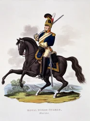 Uniforma Royal Horse Guards „The Blues“ z publikace „Costume of the British Empire, according to the Last Regulations“, vydané 1812-15