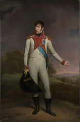 Portrét Ludvíka Napoleona, krále Holandska Louis Napoleon (1778-1846), král Holandska v letech 1806 až 1810, v uniformě pěších plavčíků, zdobený Velkým křížem Královského řádu Unie Holandska a Důstojnickým křížem L.