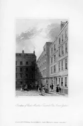 Exteriér poslední rezidence Charlese Macklina, Tavistock Row, Covent Garden, 1840.