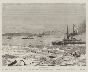 Ztráta HMS Victoria, scéna poté, co se loď potopila, čluny nabírající přeživší z vlajkové lodi