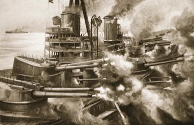 Kousání všemi zuby najednou: Ohromná síla širokého boku velké moderní bitevní lodi, z „The Illustrated War News“, 1915