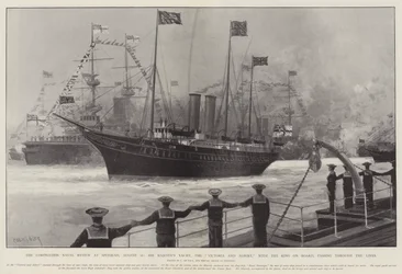 The Coronation Naval Review na Spithead, 16. srpna, jachta Jeho Veličenstva, Victoria a Albert, s králem na palubě, proplouvající liniemi