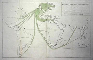 Mapa znázorňující export uhlí z Britských ostrovů v roce 1850