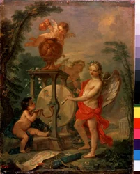 Amor brousí šíp. Obraz Charles Joseph Natoire (Charles-Joseph Natoire