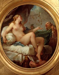 Danae přijímající zlatý déšť Zeus seduit Danae v podobě deště zlatých mincí. Obraz od Charlese Josepha Natoire (Charles-Joseph Natoire