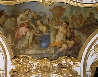Historie Psyché: „“Nymfy nabízející květiny v Psyché na prahu paláce Amour““ Stropní malba od Charlese Josepha Natoire (Charles-Joseph Natoire