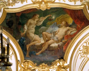 Psýché pozvedává lampu, aby rozjímala o své ženě Eros (nebo lásce) Stropní obraz od Charlese Josepha Natoire (Charles-Joseph Natoire