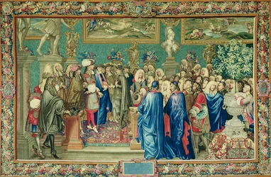 Audience udělena Ludvíkem XIV. (1638-1715) hraběti z Fuentes, královském velvyslanci Filipa IV. Španělského, v Louvru, 24. března 1662, Gobelínová dílna (tapisérie)