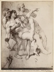 Polonahý muž podporovaný třemi muži, studie pro „Alexandr Veliký a Porus“ nebo „Porážka Porus“, kolem 1665-73 (zvýraznění pierre noire a bílá křída na béžovém papíře)