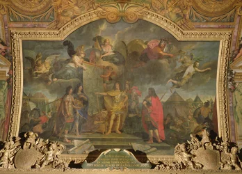 Král Ludvík XIV. (1638-1715) dává rozkaz k současnému útoku na čtyři nejsilnější holandské pozice v roce 1672, Stropní malba z Galerie des Glaces