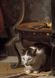 Spánek Ježíška Detail zobrazující kočku spící pod kamny. Obraz Charlese Lebruna (Le Brun) (1619-1690) 1655 Ne. 0,87x1,18 m