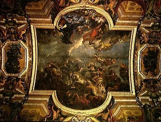 Pohled na Krále dobytí Maastrichtu za třináct dní v roce 1673 a Průchod na Rýnu v přítomnosti nepřátel v roce 1672, nástropní malba z Galerie des Glaces