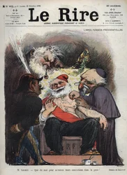 Emile Loubet – Prezidentské důchody zdarma – Pan Loubet – Je těžké vžít se do mé kůže! - (Charles Leandre (1862-1934) zesměšňuje stát, církev a armádu u lůžka prezidenta LOUBETA, pokrytého makonickými a jinými znaky) caric