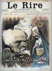 Henri Rochefort a jeho patron, dobrý světec Pelagie (Vězení de la Sainte-Pelagie) - karikatura Charlese Leandra (1862-1934) v „“Le Rire““ z 26. března 1898