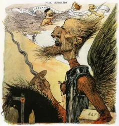 Paul Déroulède (1846-1914), francouzský spisovatel a nacionalistický aktivista, významná postava antidreyfusismu, karikovaný Charlesem Léandrem jako rytíř Don Quijote: cestou do boje s větrnými mlýny nese pod paží kufr s nápisem „Élysée“. Kresba