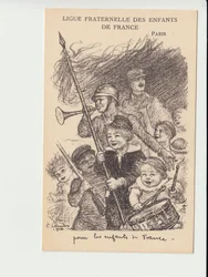 Pohlednice, satirická v B&W: Bratrská liga dětí Francie - válka 14-18, hudba, dětství, Bratrská liga dětí Francie - Vojáci Ilustrace Charles Leandre (1862-1934)