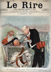 Prezident v Nice - Francouzský prezident Felix Faure se setkal s královnou Viktorií v Nice - Cartoon Charles Leandre (1862-1934) v „“Le Rire““ ze dne 23. dubna 1898