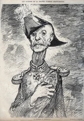 Herci velké dreyfussovské komedie - Portrét Raoula Le Mouton de Boisdeffre (generál de Boisdeffre) (1839 -1919), francouzská armáda - karikatura Charlese Leandreho (1862-1934) v ""Le Rire""" 1898