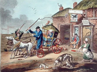 Posting in Ireland, publikovala Hannah Humphrey v roce 1805 (ručně kolorovaný lept)