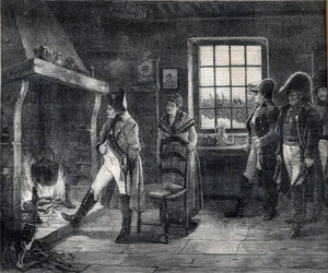 Císař Napoleon I. topící se dřevem ve sněhové krajině - Napoleon po bitvě u Waterloo v roce 1814 - rytina podle obrazu Karla Ludvíka (Charles-Louis) Kratke (1848-1921)